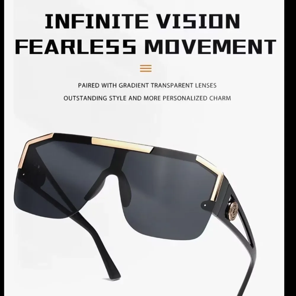 Oversized Black Shield Sunglasses with Gold Trim